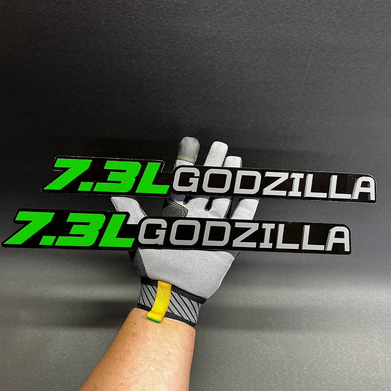 Ford F350 7.3L Godzilla acrylic badge in matt black finish for truck decal style.