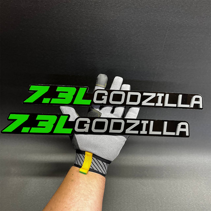 Ford F350 7.3L Godzilla acrylic badge in matt black finish for truck decal style.
