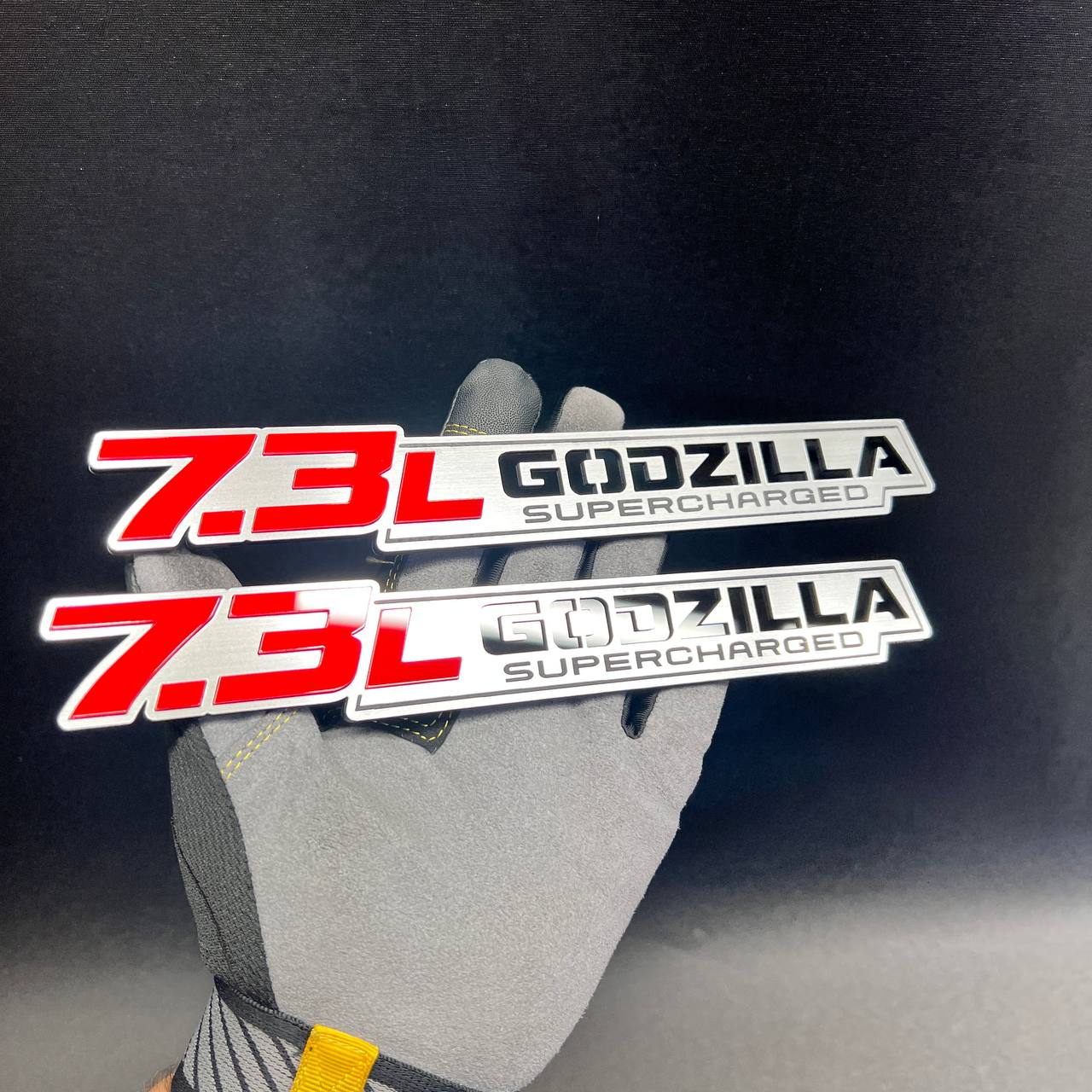 Custom 7.3L Godzilla Supercharged automotive fender emblem set