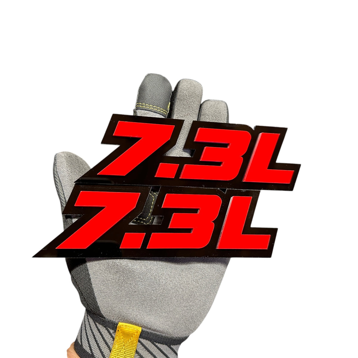 7.3L engine car badge with red lettering and black background for Ford F-250 F-350 Super Duty truck