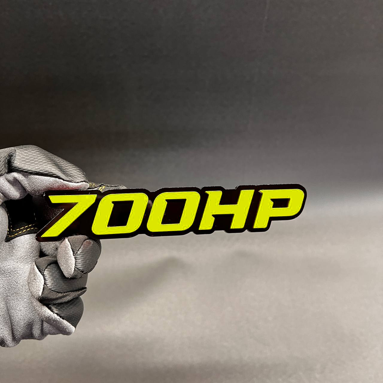Red on black 700HP horsepower car badge for exterior trim