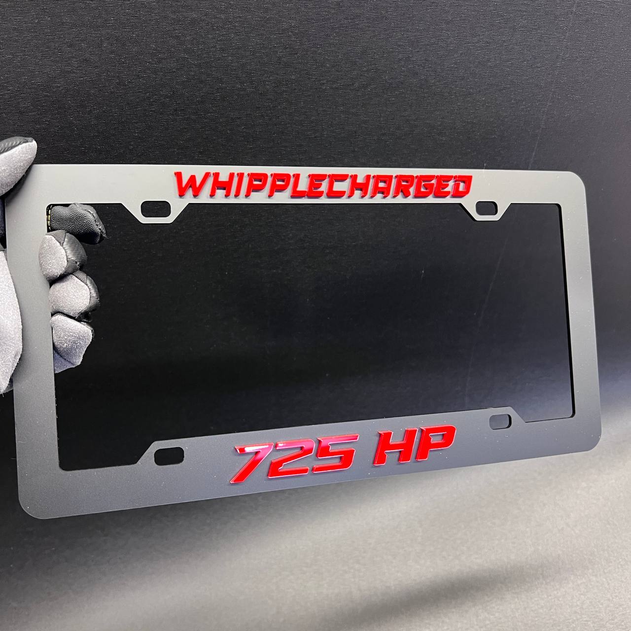 Custom 725HP supercharged car license plate frame with Whipplecharged design