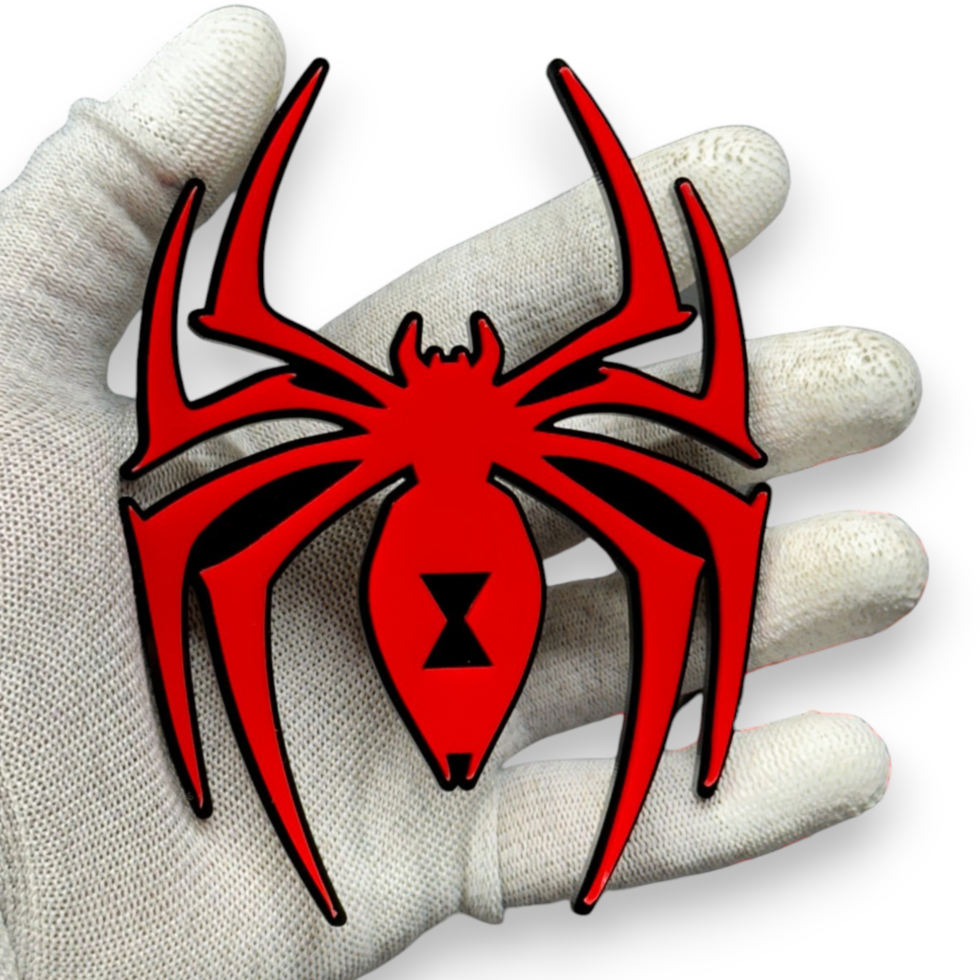 Black widow spider car emblem made from layered red and black acrylic, custom automotive exterior badge with aggressive widow spider design
