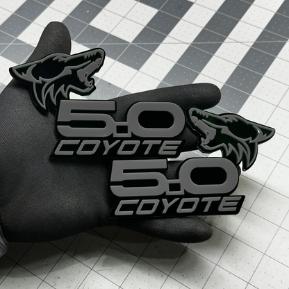 Gray and black Coyote 5.0 emblem badge for Mustang GT and Ford F150 trucks