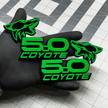 Neon green Coyote 5.0 emblem badge with black base for Mustang GT and F150