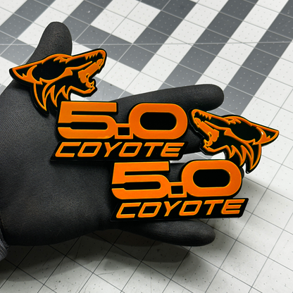 Orange and black Coyote 5.0 custom emblem badge for Ford Mustang and F150 trucks