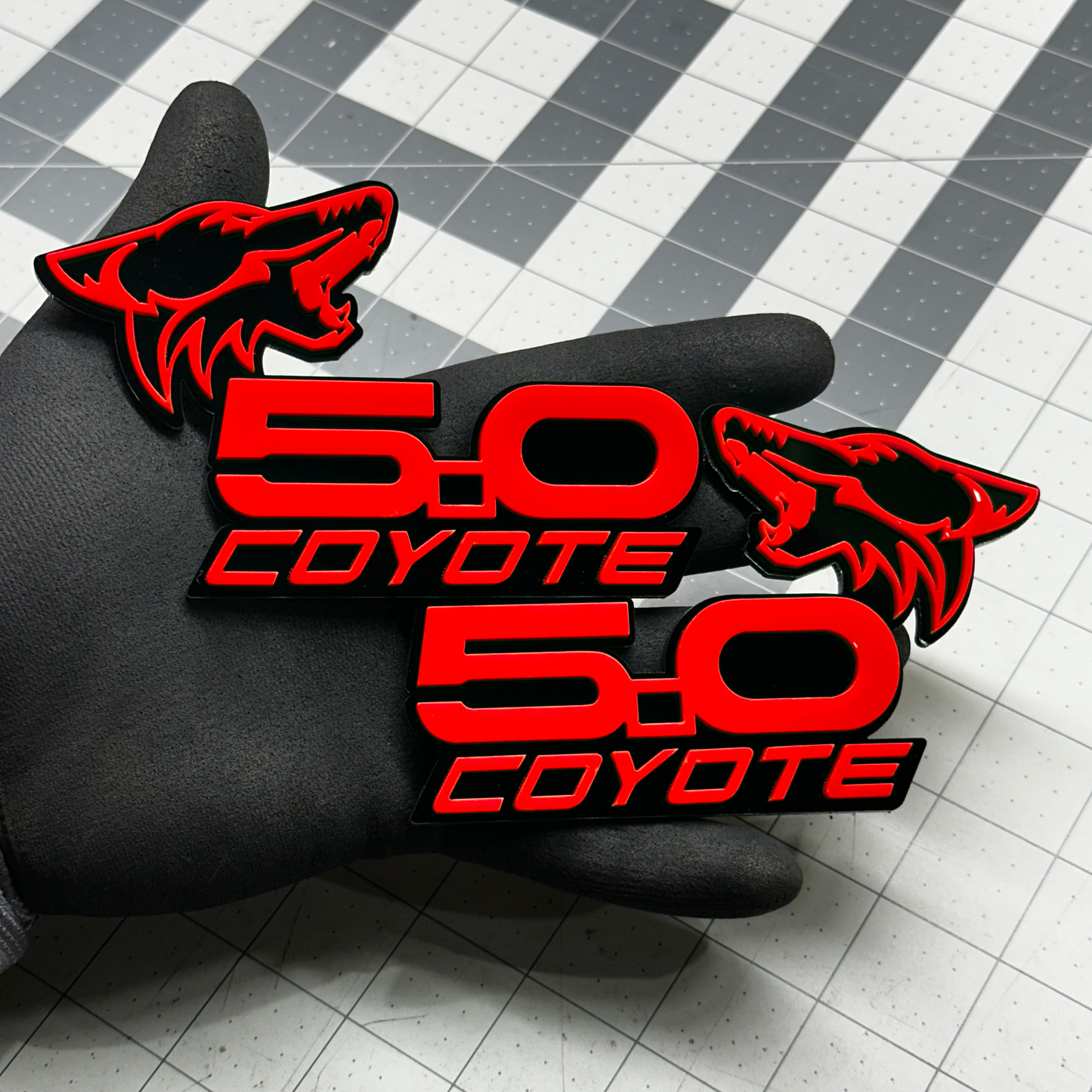 Red and black Coyote 5.0 emblem badge for Mustang GT 5.0 and Ford F150