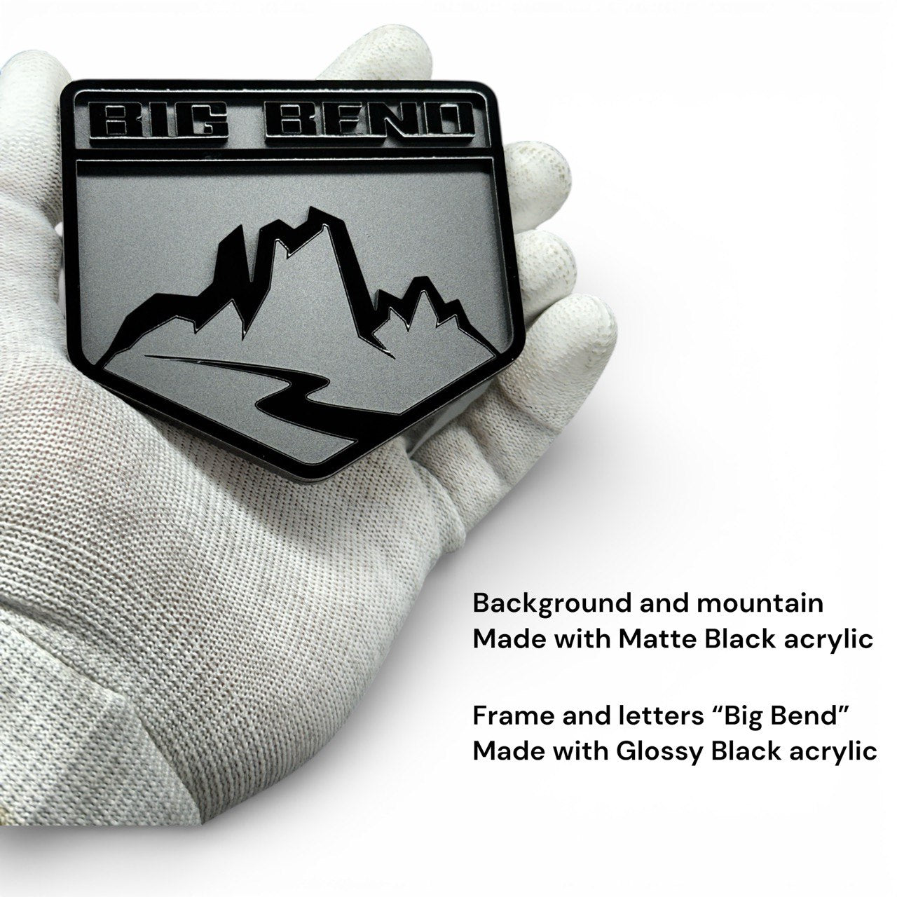 Mountain style acrylic badge installed on Ford Bronco tailgate with 3M tape