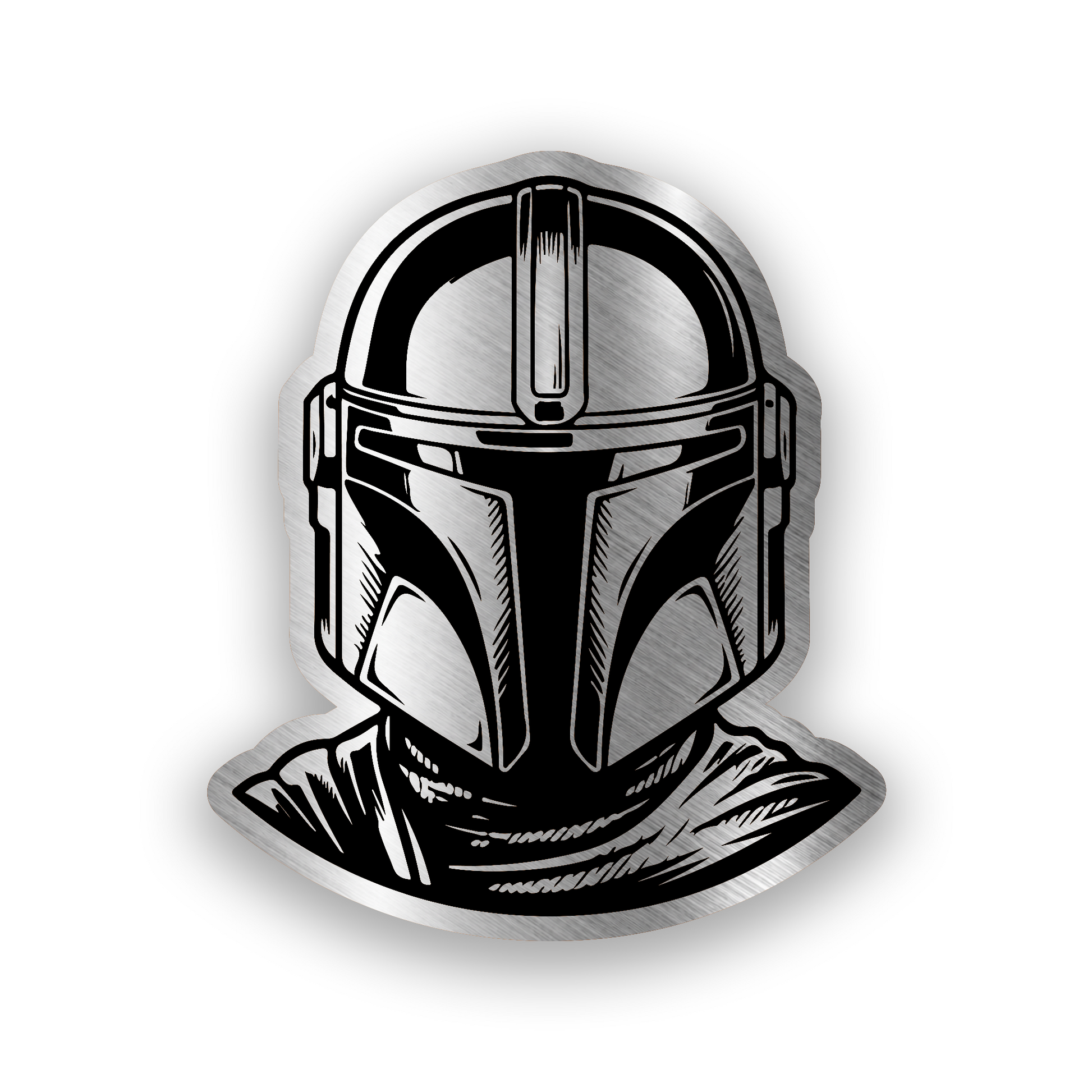 Mandalorian helmet inspired engraved car badge with bold sci fi warrior design