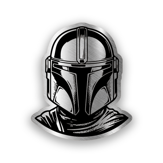 Mandalorian helmet inspired engraved car badge with bold sci fi warrior design