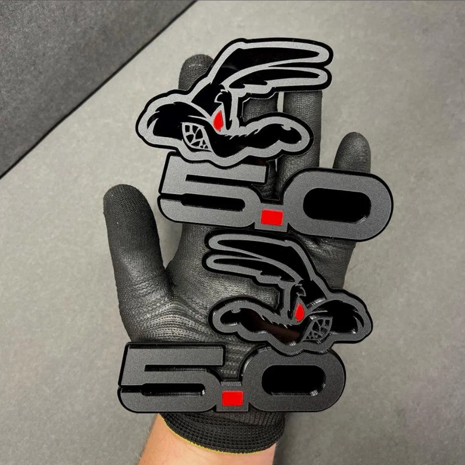 Coyote 5.0 Red Eye Car Badge Fender Emblem – Matte Black on Black Color