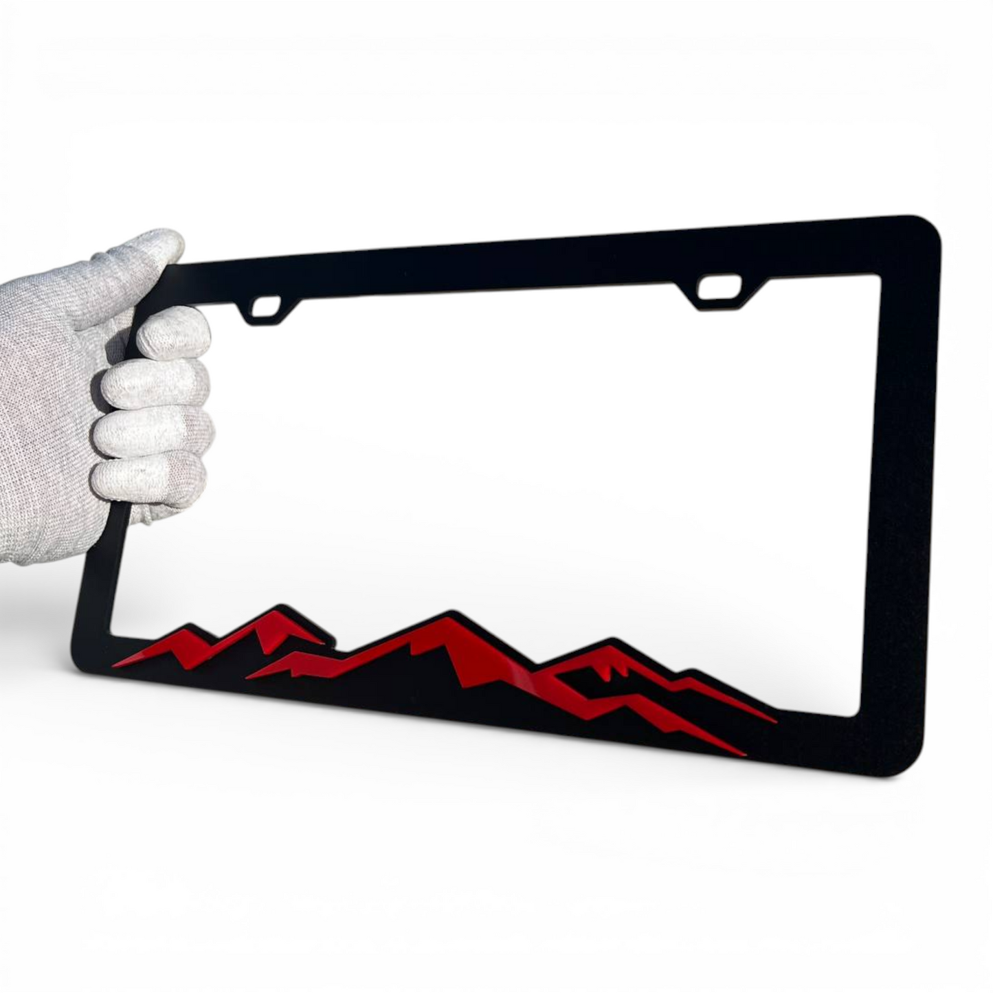 Great mountains license plate frame in black and red for offroad trucks and SUVs