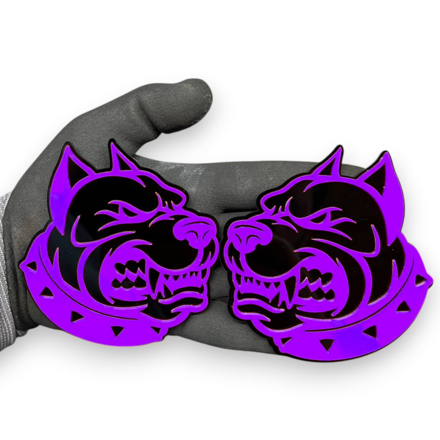 Custom Angry Dog hood and fender badge pair for personalized vehicle appearance