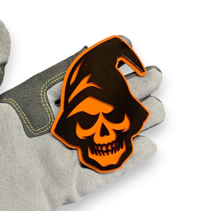 Custom Grim Reaper hood and fender badge for personalized vehicle appearance