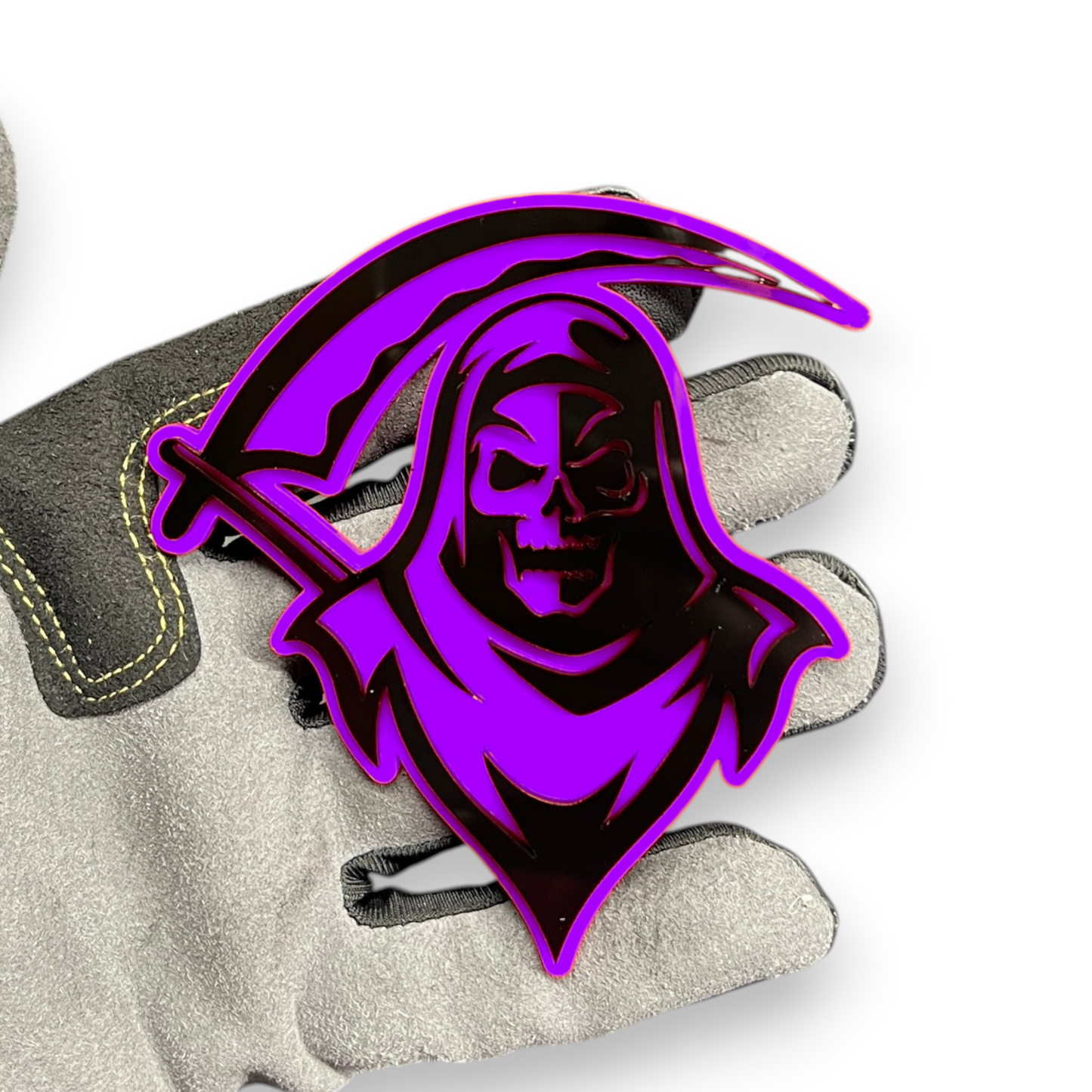 Custom Grim Reaper hood and fender badge for personalized vehicle appearance