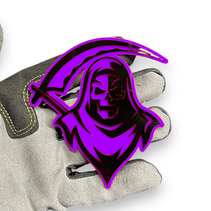 Custom Grim Reaper hood and fender badge for personalized vehicle appearance