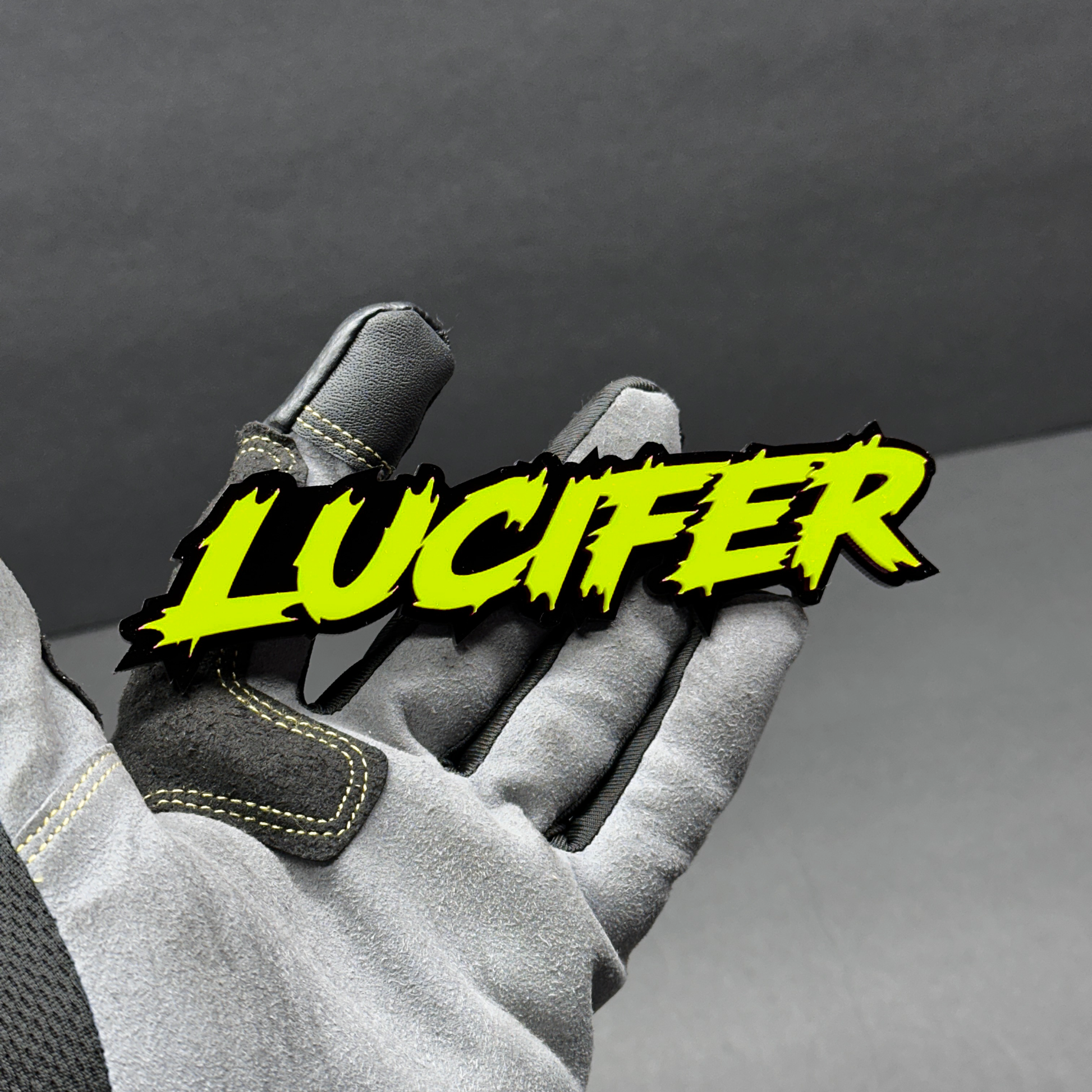 Lucifer custom text badge glossy red acrylic car fender emblem for muscle trucks