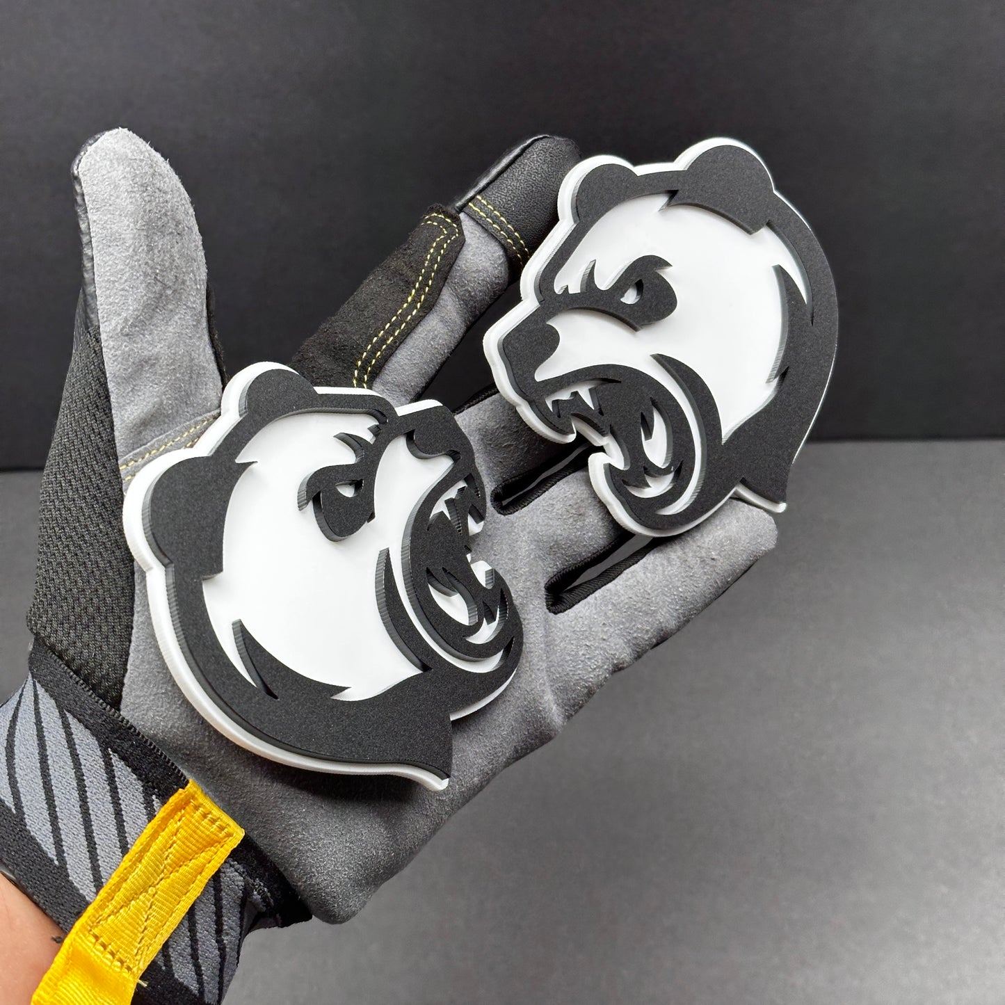 Custom Angry Panda hood and fender badge pair for vehicle personalization