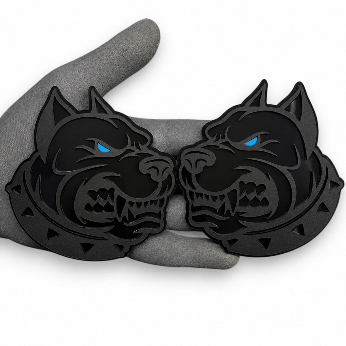Pit bull car badge with aggressive dog head design in black and red for car truck or SUV exterior
