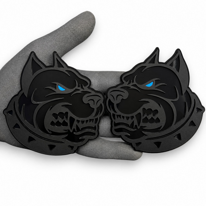 Pit bull car badge with aggressive dog head design in black and red for car truck or SUV exterior
