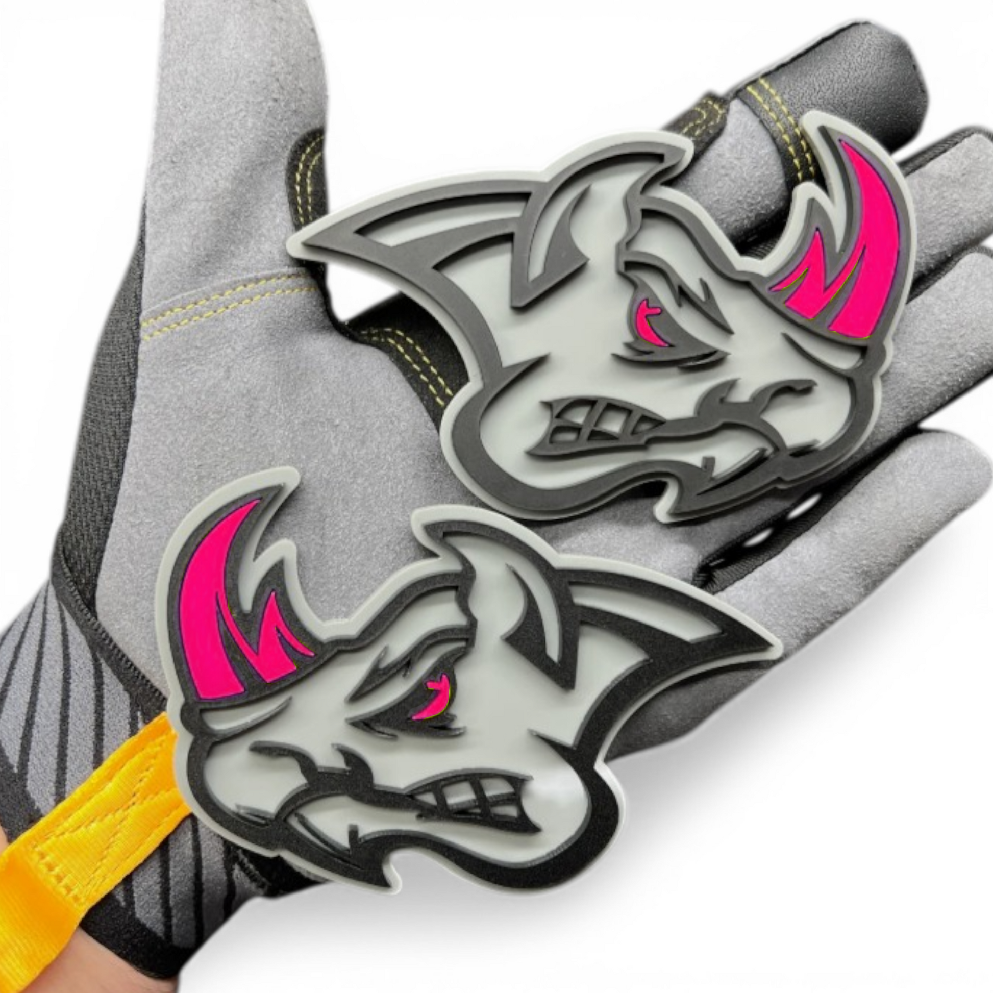 Custom Angry Rhino hood and fender badge pair for personalized vehicle appearance