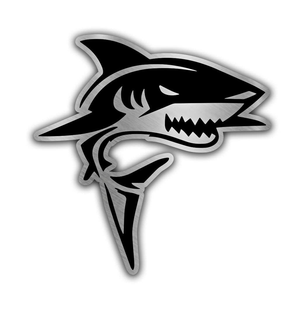 Custom shark car badge fender emblem with sharp teeth design, engraved metal look, and automotive 3M style appearance