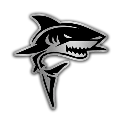 Custom shark car badge fender emblem with sharp teeth design, engraved metal look, and automotive 3M style appearance