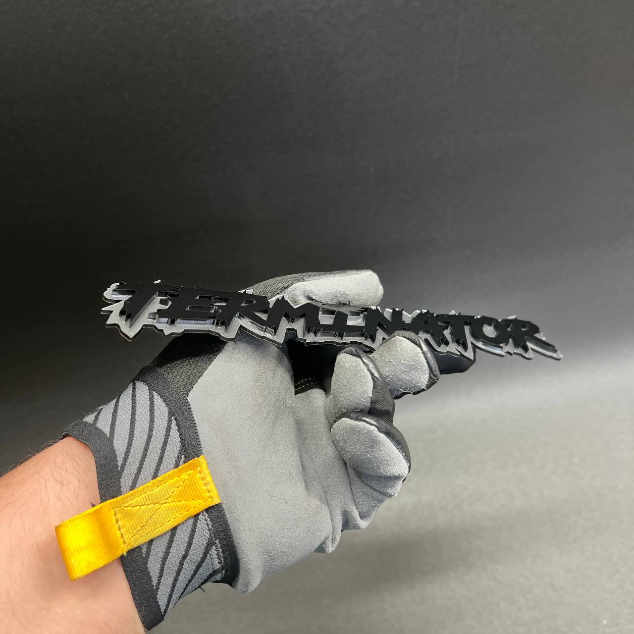 Gloss black acrylic TERMINATOR emblem with chrome outline for tailgate and fender customization