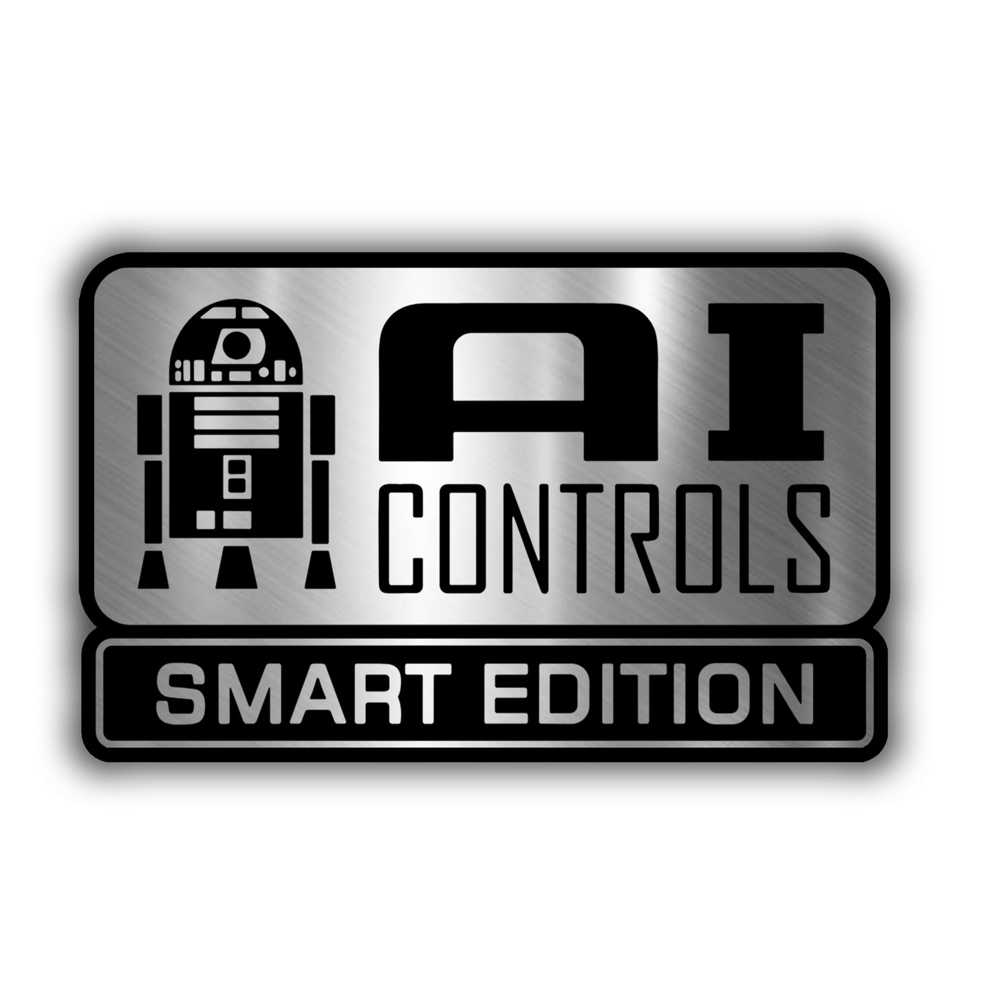 AI Controls Smart Edition engraved car badge with robot design