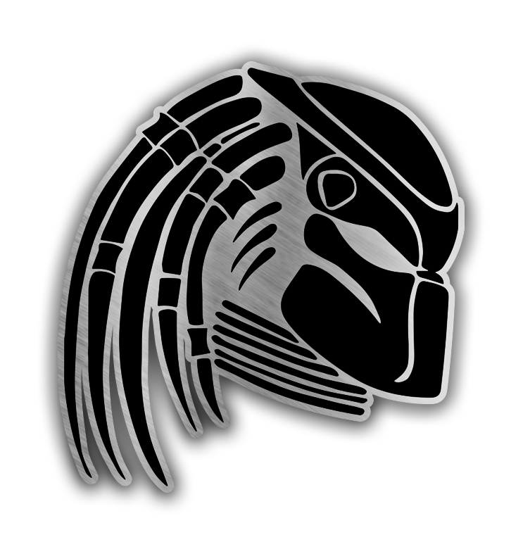 Alien hunter inspired engraved car badge fender emblem with detailed dreadlock mask design in silver and black.