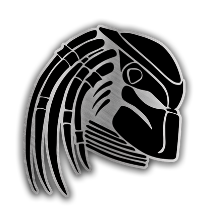 Alien hunter inspired engraved car badge fender emblem with detailed dreadlock mask design in silver and black.