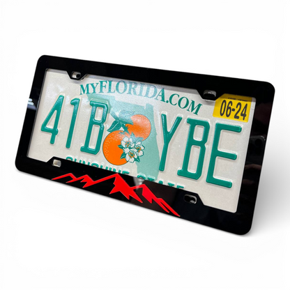 Black mountain landscape license plate frame with premium acrylic finish