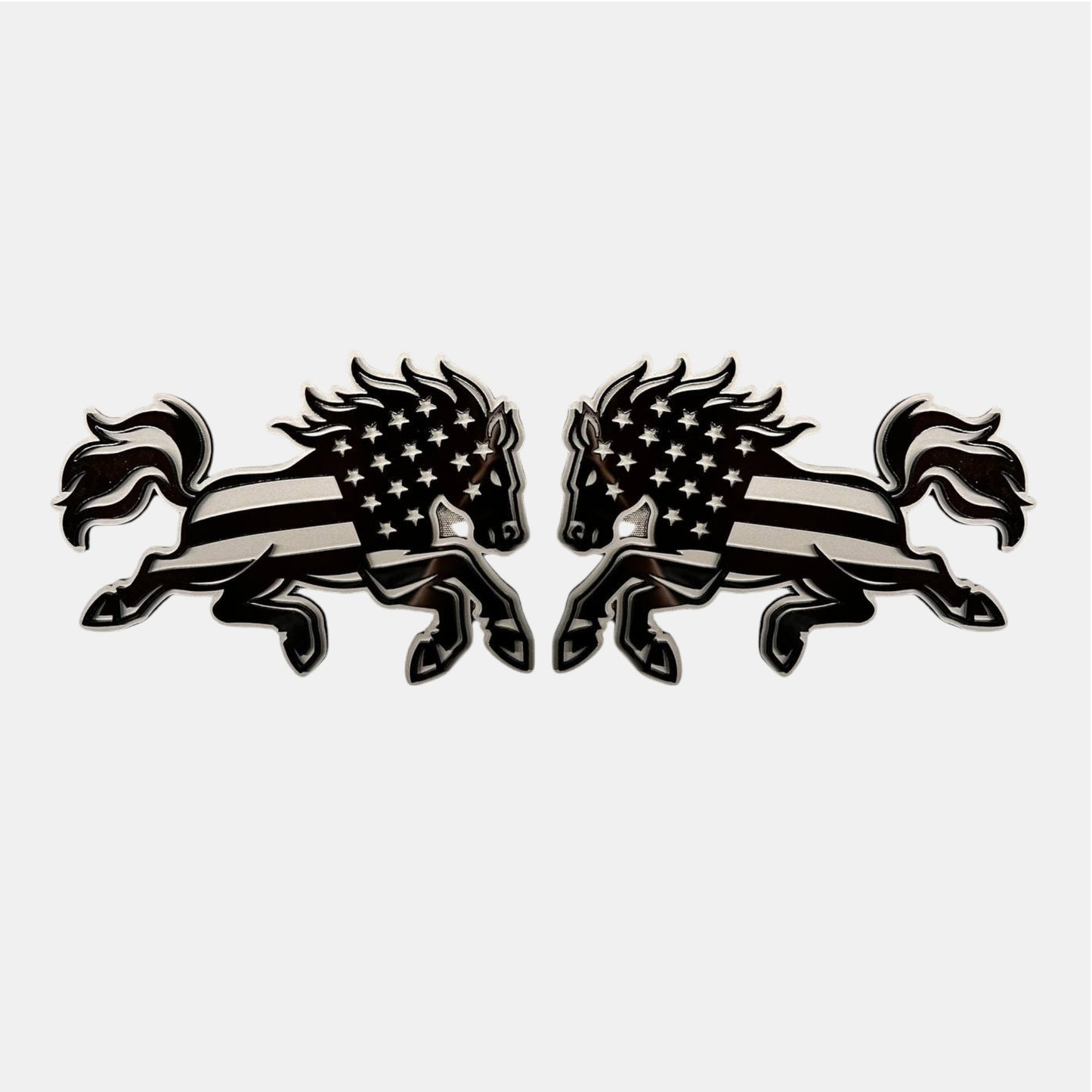 American flag bucking horse car badge emblem in black and silver finish
