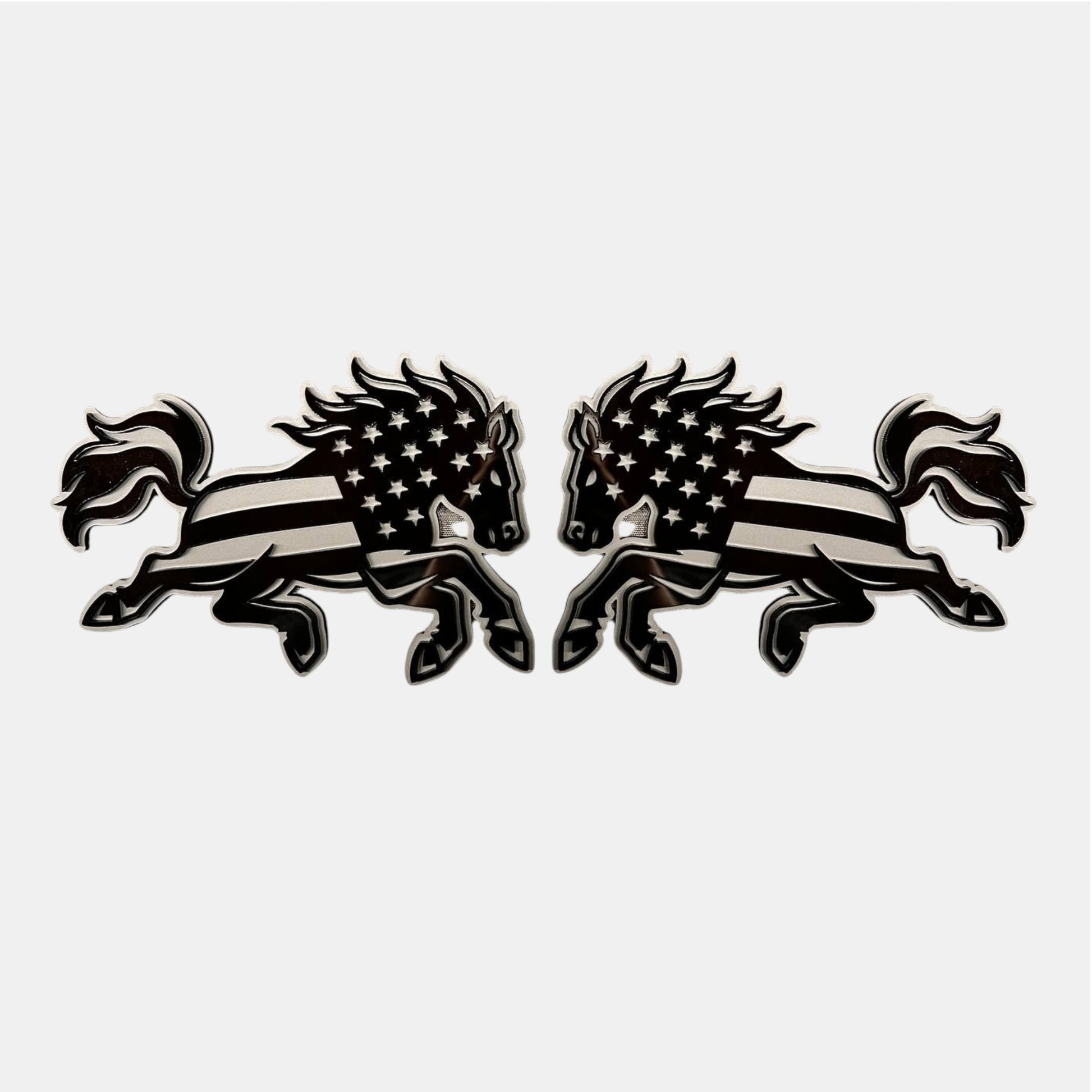 American flag bucking horse car badge emblem in black and silver finish