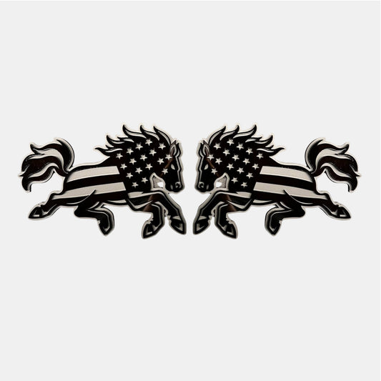American flag bucking horse car badge emblem in black and silver finish