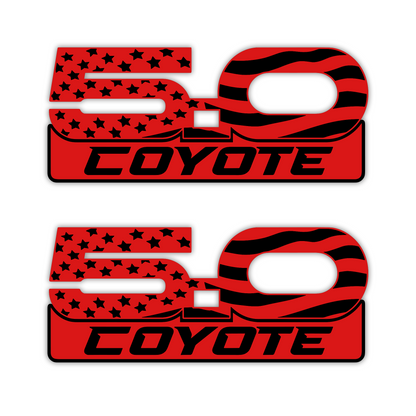 Engraved 5.0 Coyote badge with American flag stars and stripes design