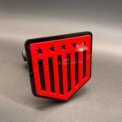 Red and black American flag hitch cover for truck receiver