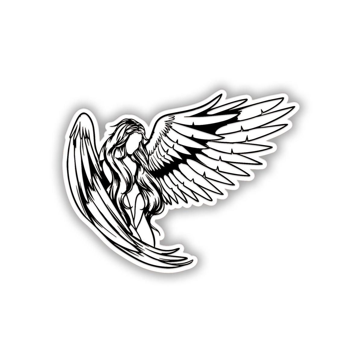 Brushed silver angel car badge with detailed engraved wing illustration