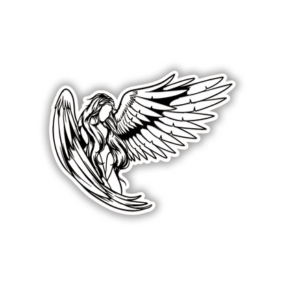 Brushed silver angel car badge with detailed engraved wing illustration