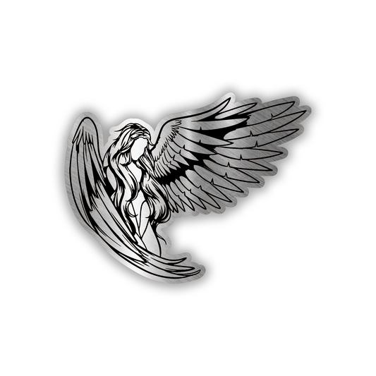 Angel engraved car badge with detailed wing design and brushed silver finish