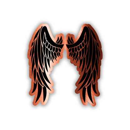 Silver and black wing car badge with detailed engraved feather pattern.