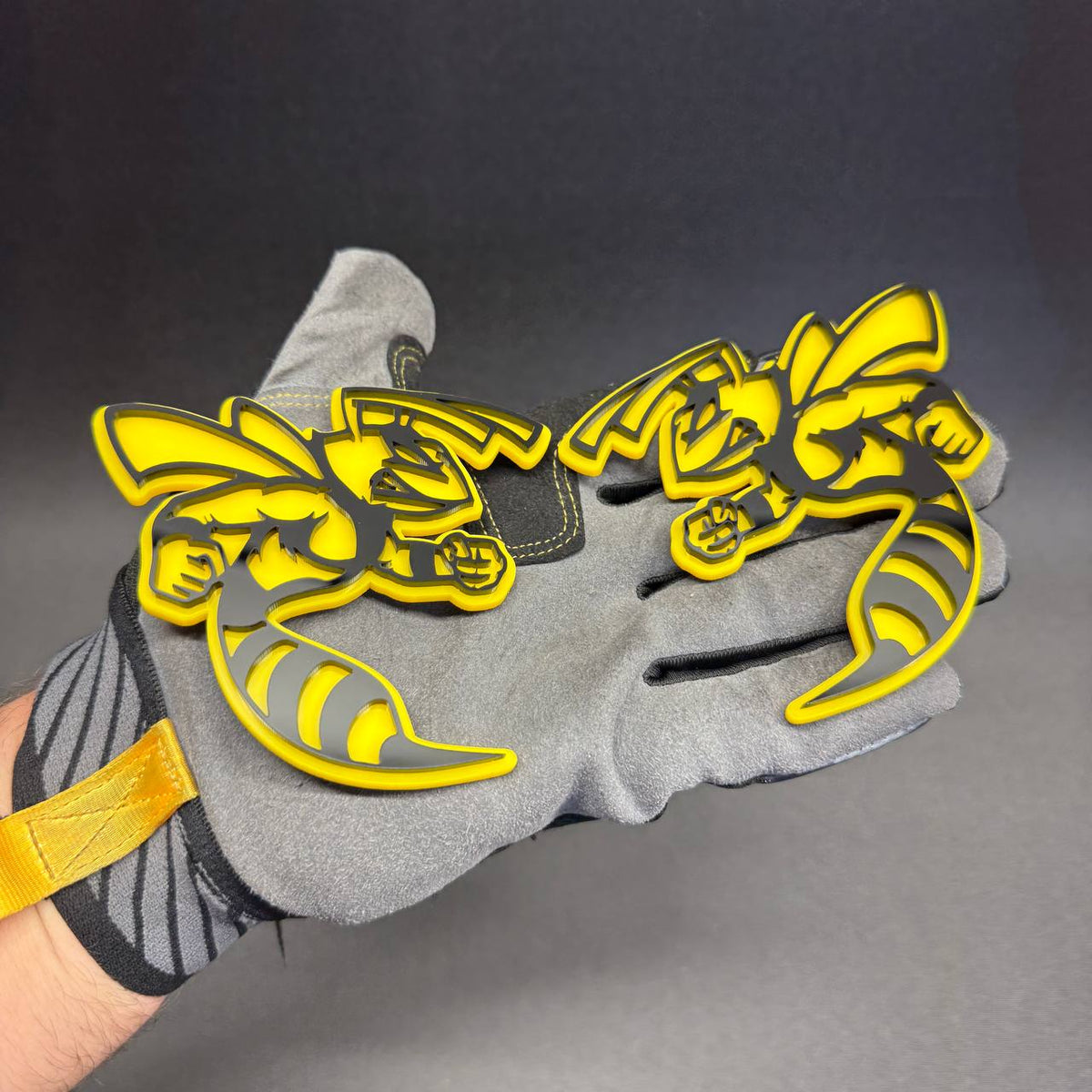 Yellow and black racing bee emblem inspired by muscle car styling for Dodge Charger, Challenger and Scat Pack enthusiasts.