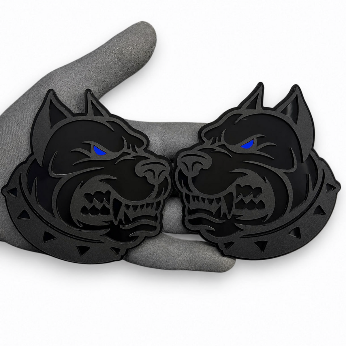 Angry dog car badge pitbull fender emblem in black with red eyes and spiked collar design