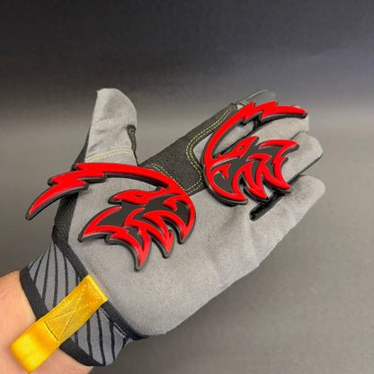 Mirrored Angry Falcon head emblems with bold red detailing, decorative automotive badges for Ford Mustang, F150, Bronco and performance vehicles