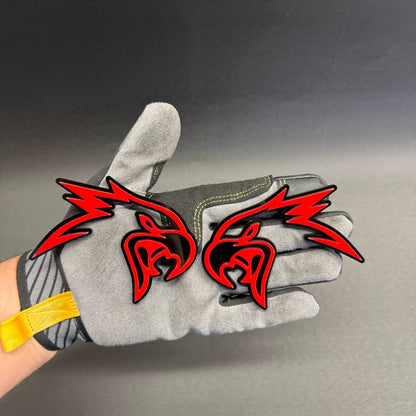 Custom Angry Hawk car emblem featuring sharp red hawk graphics, decorative exterior accessory for Ford Mustang, F150 and Bronco.