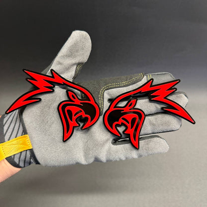 Angry Hawk custom tailgate emblem with bold red bird design, aftermarket styling badge for Chevrolet Silverado, GMC Sierra and trucks.