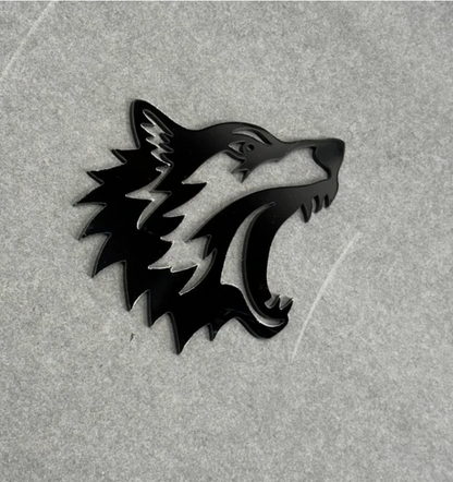Angry Hell Wolf car badge with aggressive wolf head design for Ford F-150, Mustang, Bronco and RAM trucks.