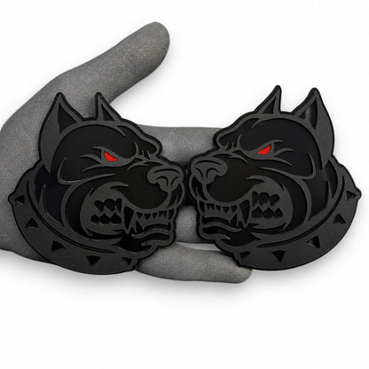 Aggressive pit bull car emblem fender badge with detailed black dog face and red eye accents