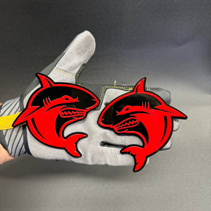 Angry Shark red and black car badge fender emblem with aggressive shark design
