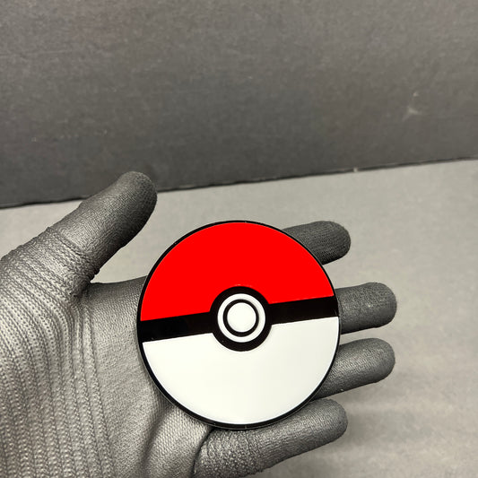 Red and white ball inspired car badge fender emblem with black center stripe